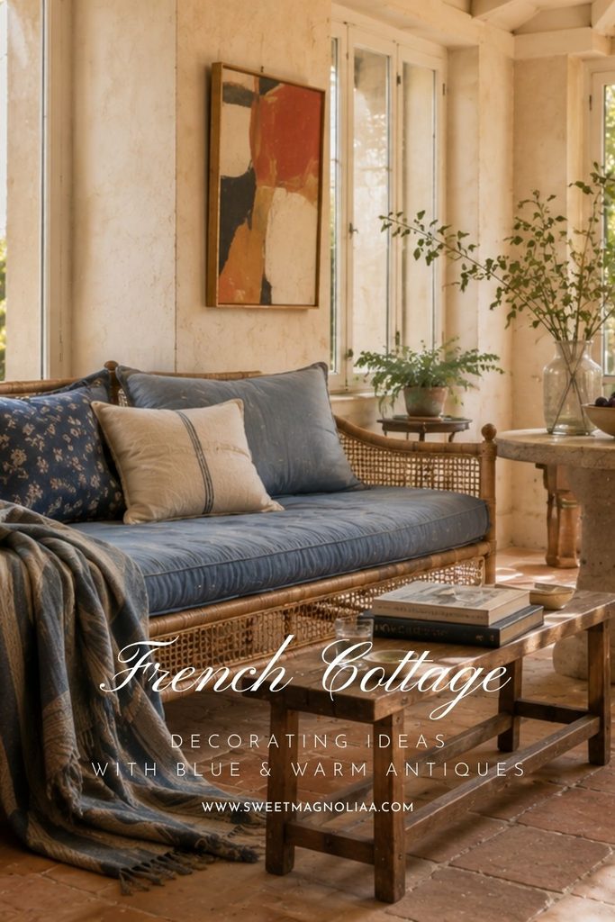 French country decor with blue color textiles, featuring a faded blue cane daybed, indigo patterned cushions, rustic wood furniture, and warm terracotta floors.