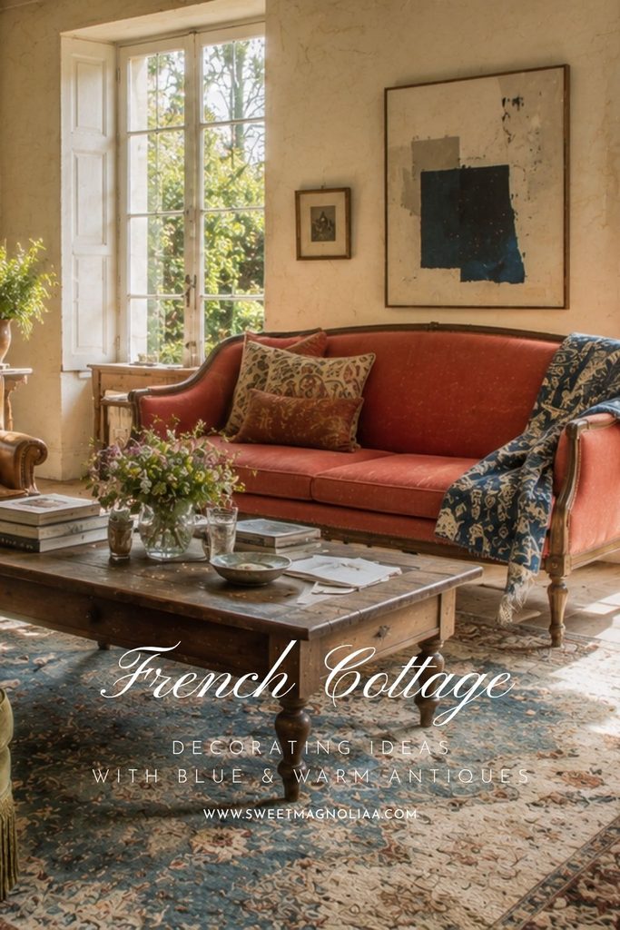 French country living room with a coral sofa, faded blue vintage rug, indigo patterned throw, rustic wood coffee table, warm cream walls, and collected artwork.