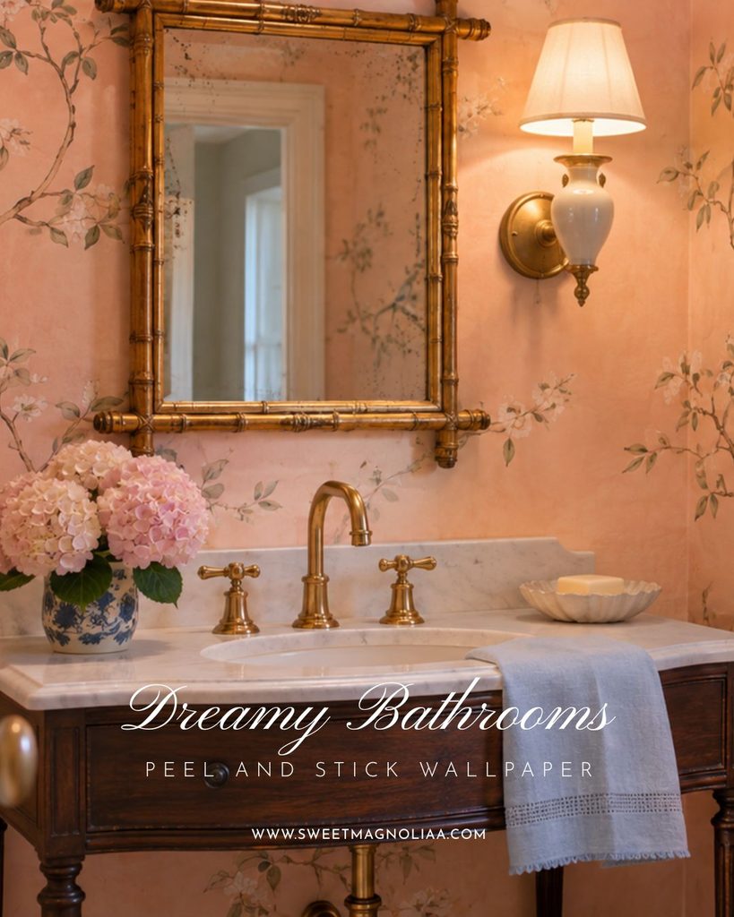 Dark wood vanity with marble top and brass taps beneath a gilt faux bamboo mirror on peach blossom wallpaper with pink hydrangeas in a powder room