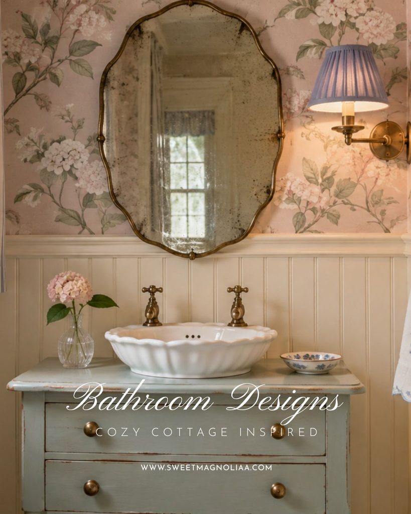 Fluted white vessel sink on a sage painted chest beneath a scalloped antique mirror, blush hydrangea wallpaper and a brass sconce with a blue pleated shade