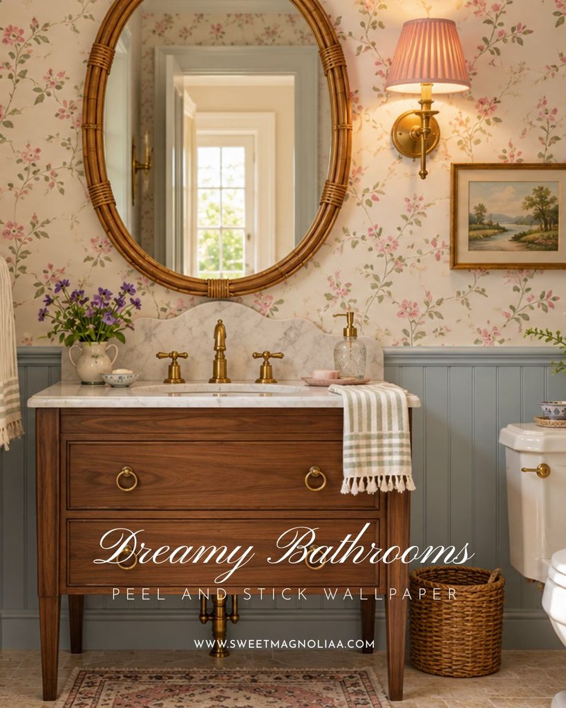 Walnut bathroom vanity with scalloped marble backsplash, rattan oval mirror and pink sprig floral wallpaper above blue beadboard in a cottage bathroom