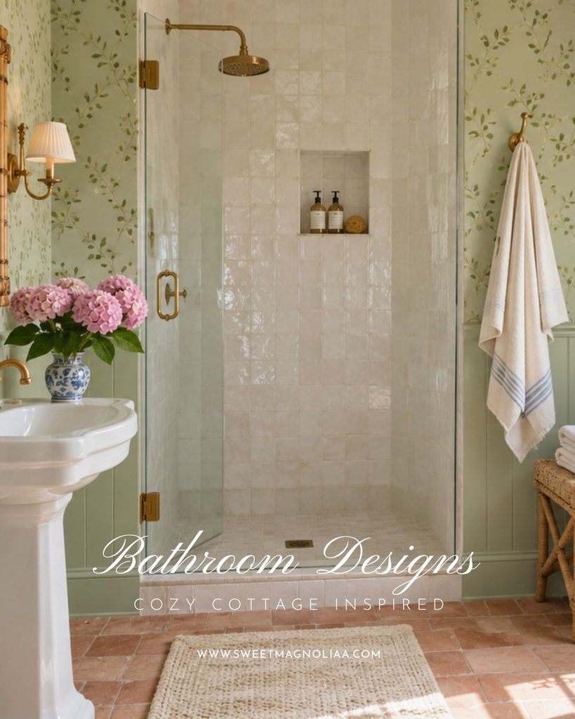 Walk-in shower with cream zellige tile, a recessed niche, brass rain shower head and glass door above a terracotta floor in an English cottage bathroom