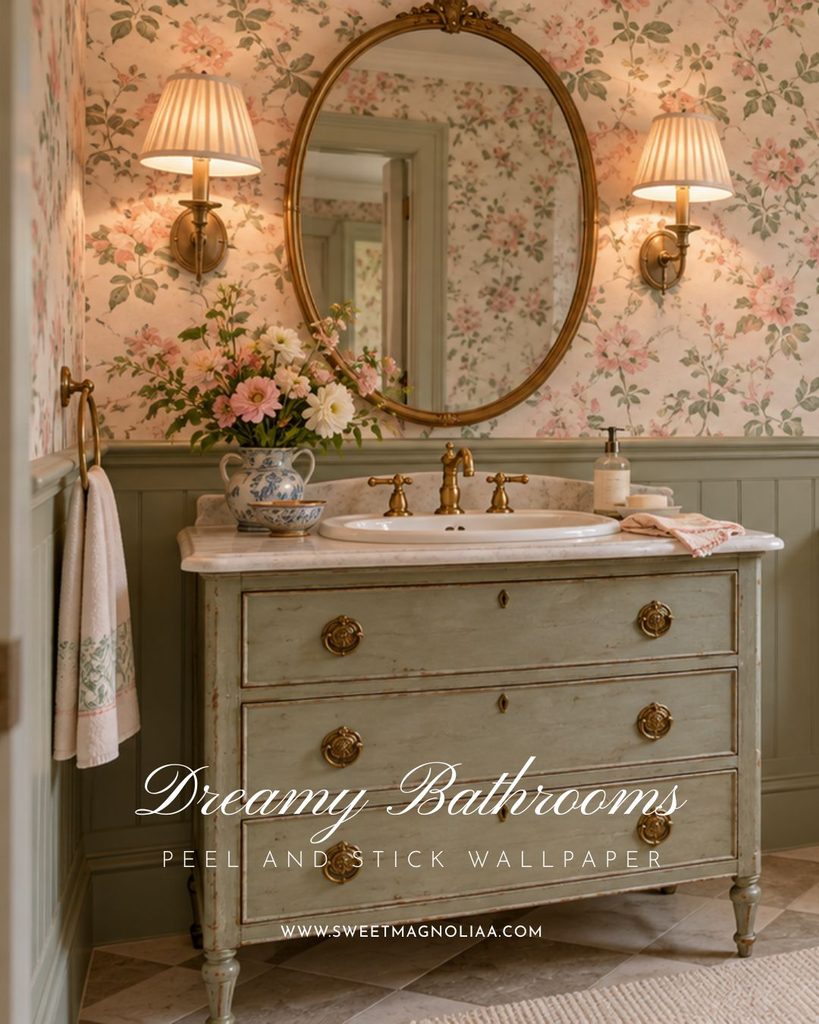 Sage painted chest vanity with brass pulls and marble top beneath an oval gilt mirror and rose floral wallpaper above sage panelling in a cottage bathroom