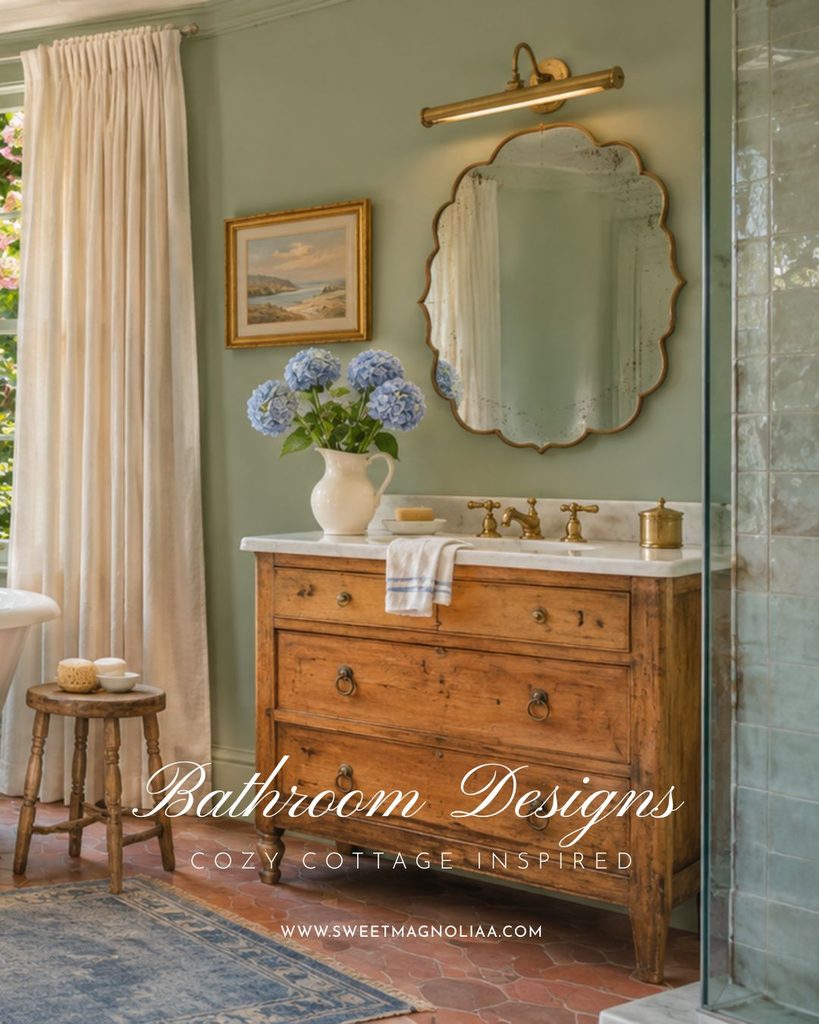 Antique pine chest of drawers turned bathroom vanity with marble top, scalloped mirror, brass picture light and blue hydrangeas against sage green walls