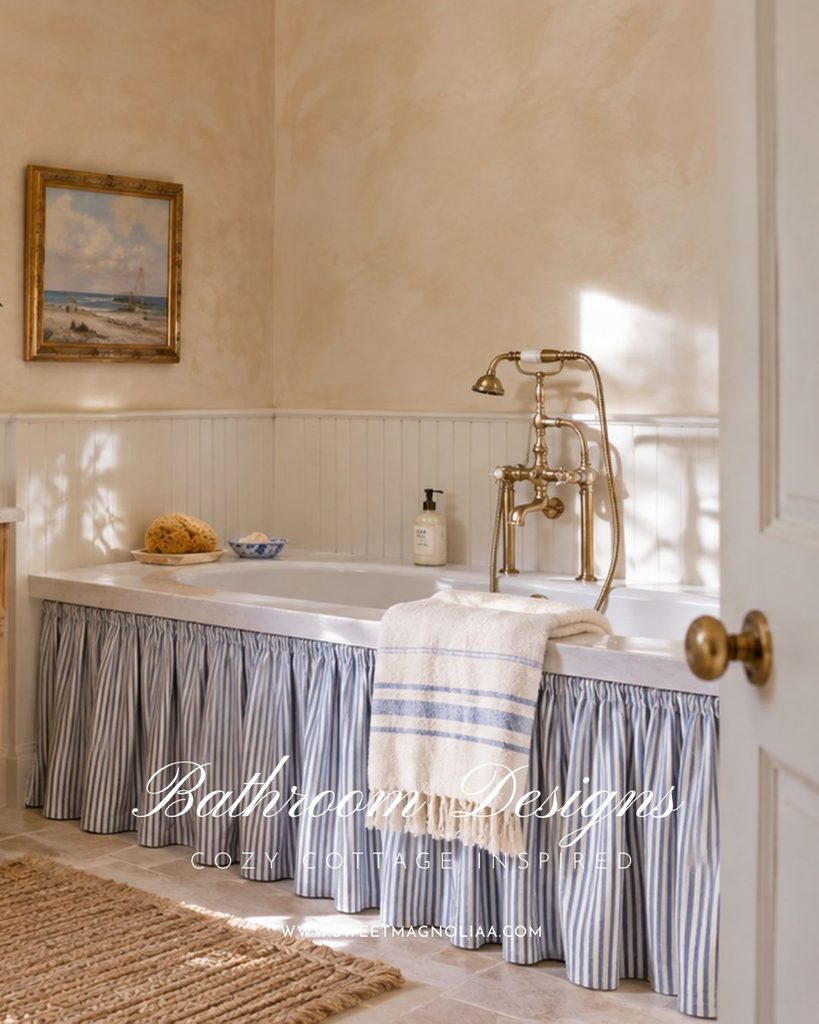 Built-in tub skirted in blue and white ticking stripe with a marble deck, brass telephone tap and limewashed walls in a cozy English cottage bathroom