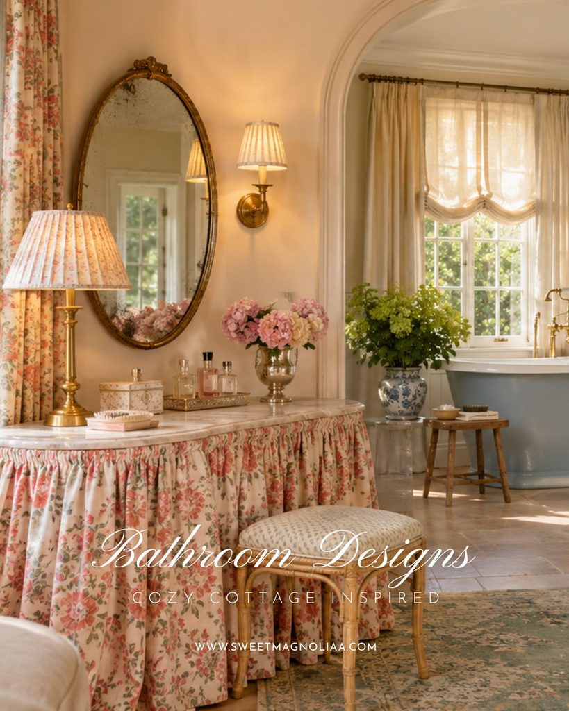 Dressing table skirted in coral floral fabric with an oval gilt mirror, pleated lamp and bamboo stool beside an arch to a powder blue tub in a cottage bathroom
