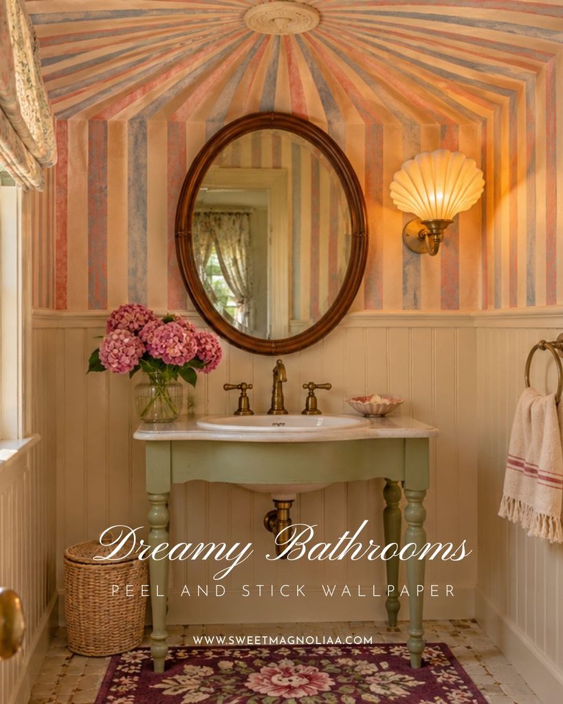 Tented powder room with pink and blue striped wallpaper on the ceiling, sage washstand, oval wood mirror and shell sconce above cream beadboard