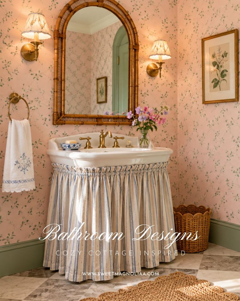 Console bathroom sink with a blue ticking stripe skirt, arched bamboo mirror and scalloped brass sconces against blush sprig wallpaper in a cottage powder room