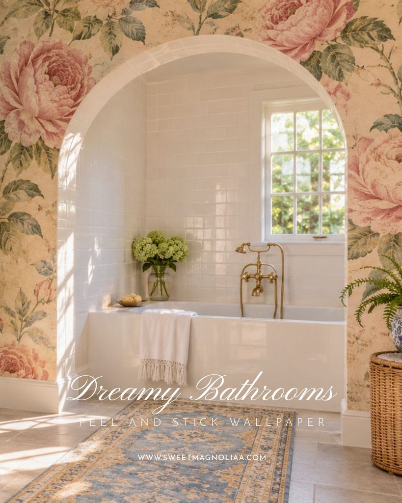 Built-in tub in a white tiled arched alcove framed by a large pink peony wallpaper mural, with a brass tap and blue runner in a cottage bathroom