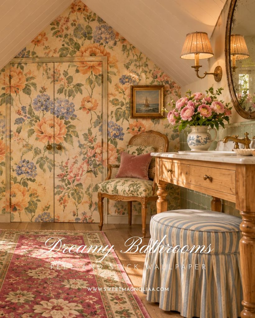 Attic bathroom with peach peony and blue hydrangea wallpaper covering cupboard doors, a cane chair, pine washstand and striped skirted stool