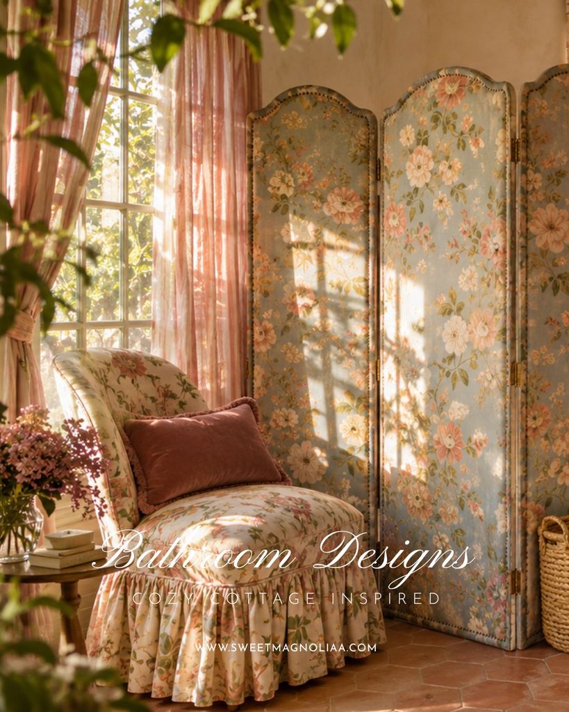 Floral skirted slipper chair with a rose velvet cushion beside a floral folding screen and terracotta hexagon tiles in a cozy cottage bathroom corner