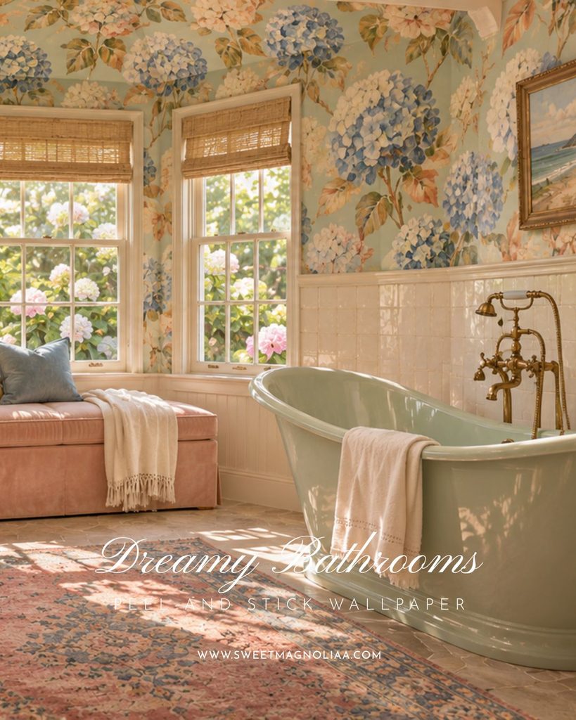 Sage green slipper tub with a brass tap beside a blush window seat under blue hydrangea peel and stick wallpaper and bamboo shades in a cottage bathroom