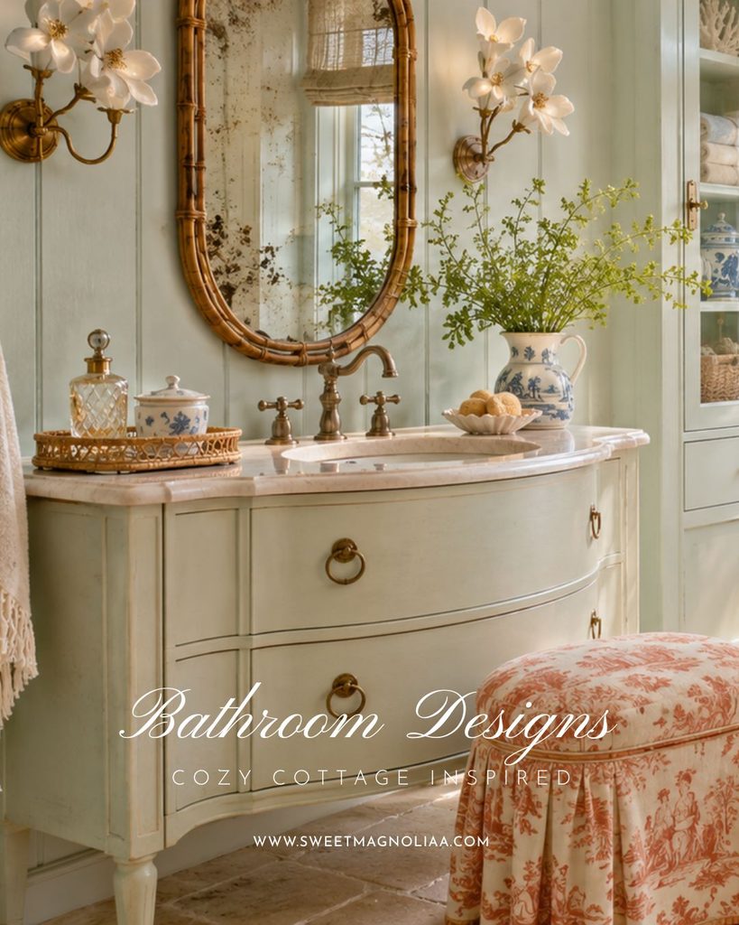 Sage painted bathroom vanity with blush marble top, bamboo oval mirror, magnolia blossom sconces and a red toile skirted stool in an English cottage bathroom