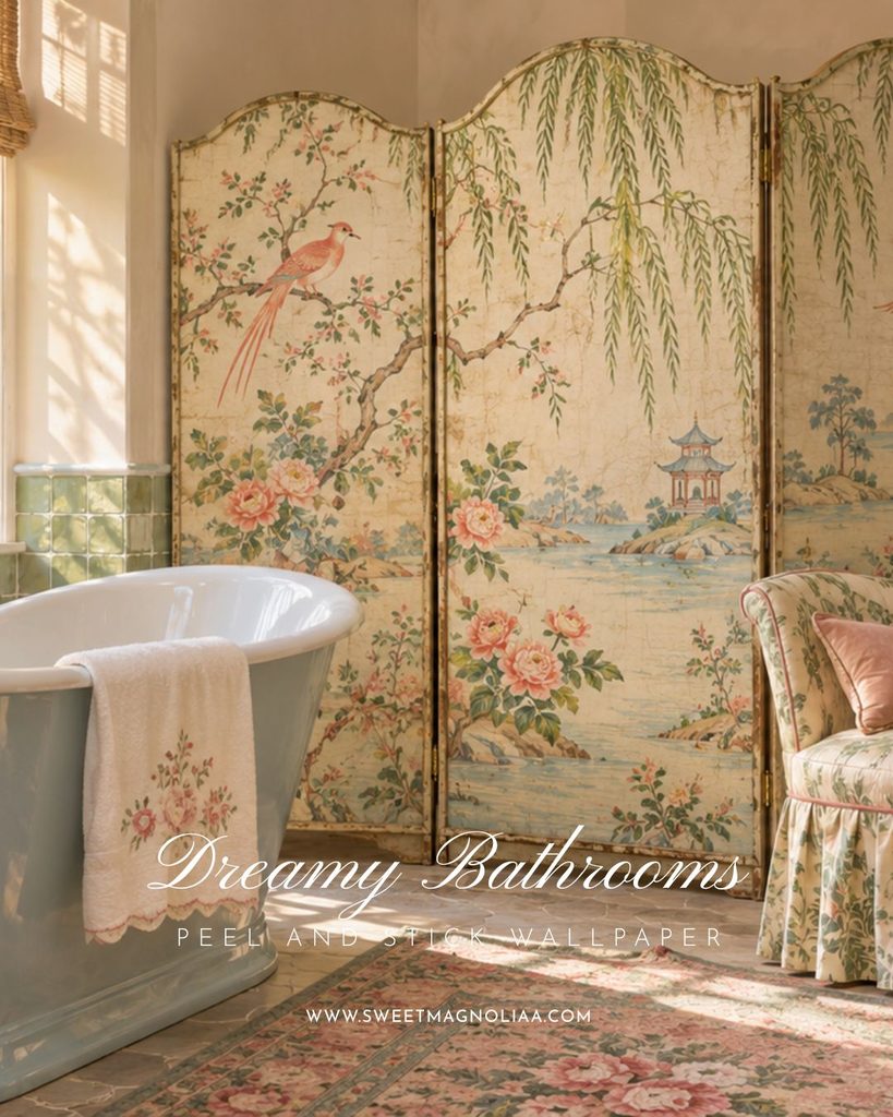 Chinoiserie folding screen with a pink bird, willow and peonies beside a duck-egg blue tub and skirted floral chair in a cottage bathroom