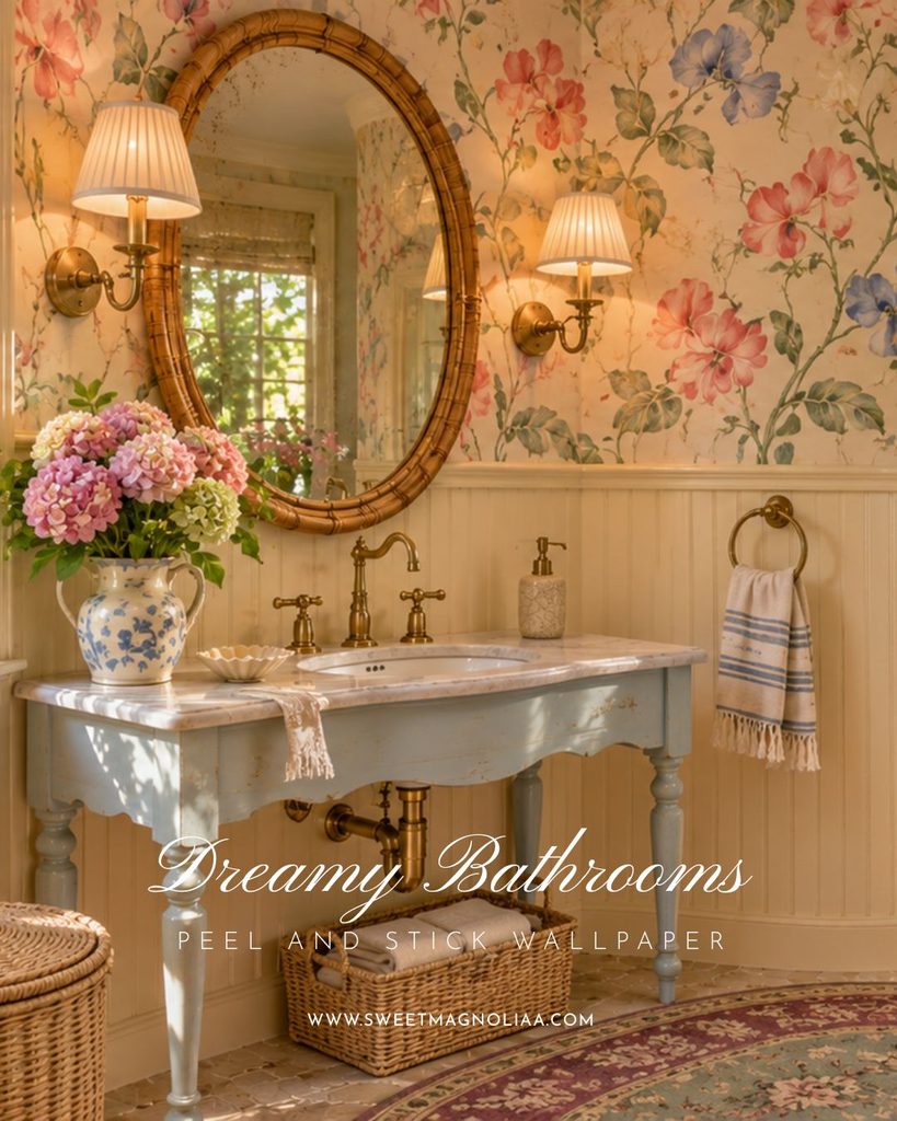 Duck-egg console vanity with marble top and brass taps beneath a bamboo oval mirror and sweet pea floral wallpaper above beadboard in a cottage bathroom