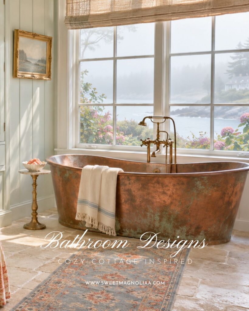 Copper soaking tub with green verdigris patina in front of a window overlooking a misty coast, with a brass side table and limestone floor in a cottage bathroom