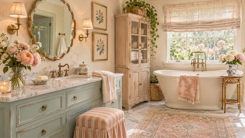 Sage green clawfoot tub with a brass tap under open arched garden windows, floral curtains and climbing roses in a cozy English cottage bathroom remodel