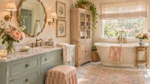 Sage green clawfoot tub with a brass tap under open arched garden windows, floral curtains and climbing roses in a cozy English cottage bathroom remodel