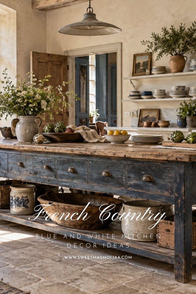 Rustic French country kitchen with a distressed blue island, wooden countertop, open shelves of blue-and-white dishes, antique pottery, and stone flooring.