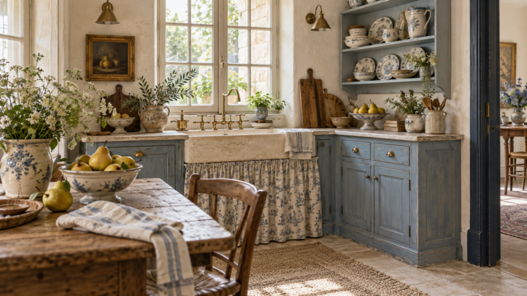 Sunlit blue and white French country kitchen with faded blue cabinets, toile sink curtain, rustic wooden table, vintage ceramics, and brass fixtures.