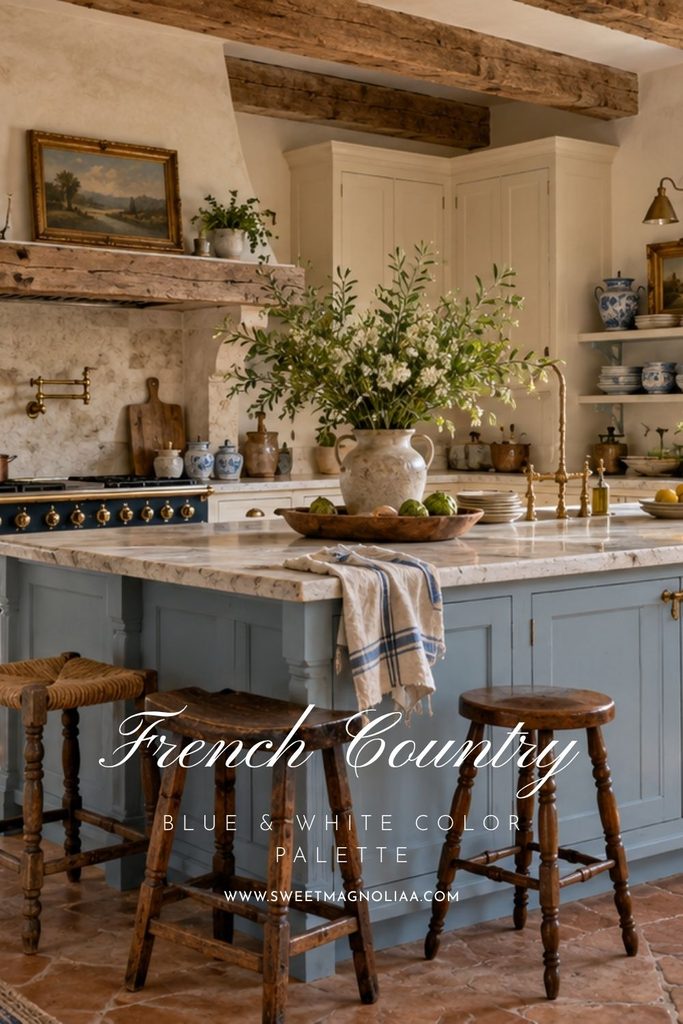 Blue and white French country kitchen with a pale blue island, cream cabinets, rustic wood beams, marble countertops, antique stools, and blue pottery.