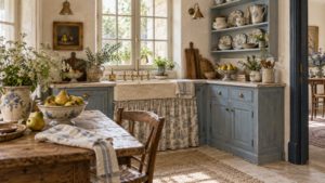 Sunlit blue and white French country kitchen with faded blue cabinets, toile sink curtain, rustic wooden table, vintage ceramics, and brass fixtures.