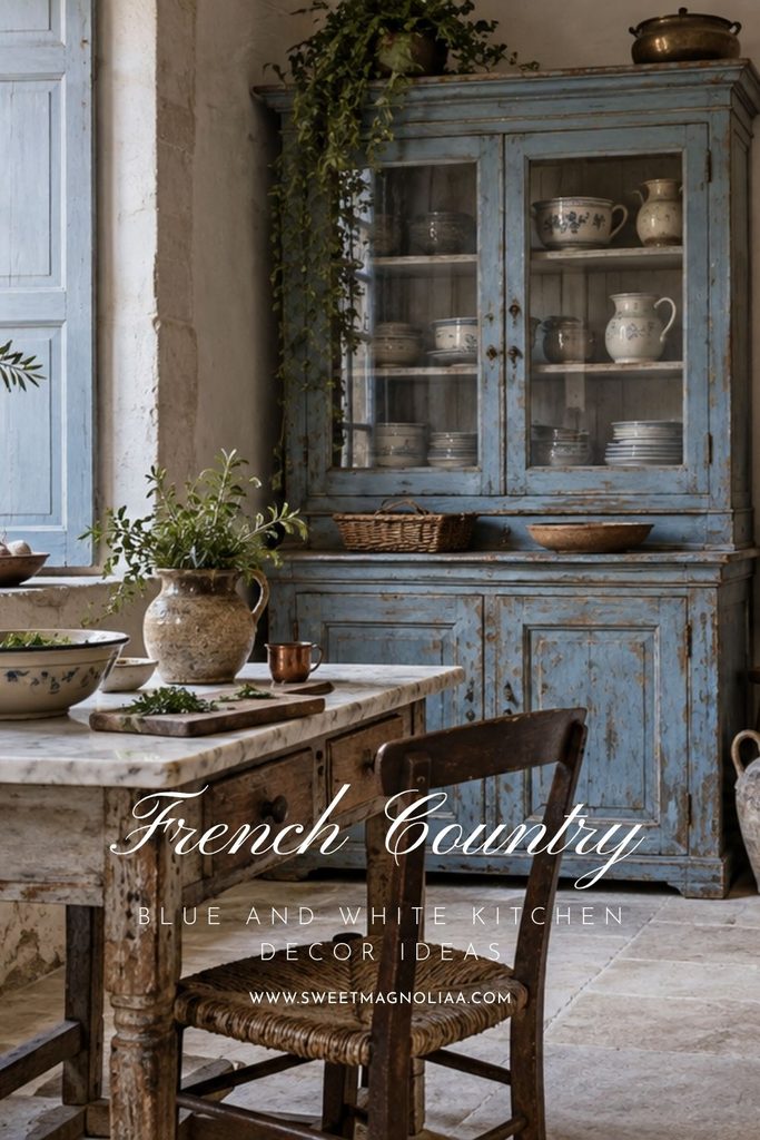 French country kitchen with distressed blue glass-front cupboard, vintage blue-and-white ceramics, rustic wooden table, woven chair, and stone floor.