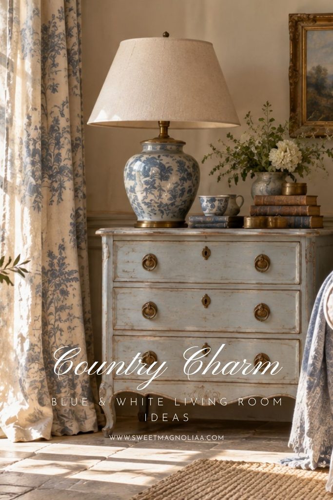 Vintage pale blue chest with brass handles, blue-and-white ceramic lamp, toile curtains, antique books, and flowers in a French country living room.