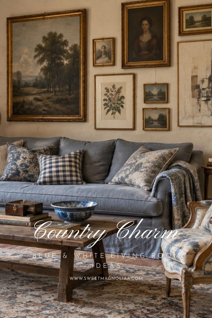 French country living room with dusty blue sofa, curved armchair, rustic wooden coffee table, patterned rug, and warm neutral walls.