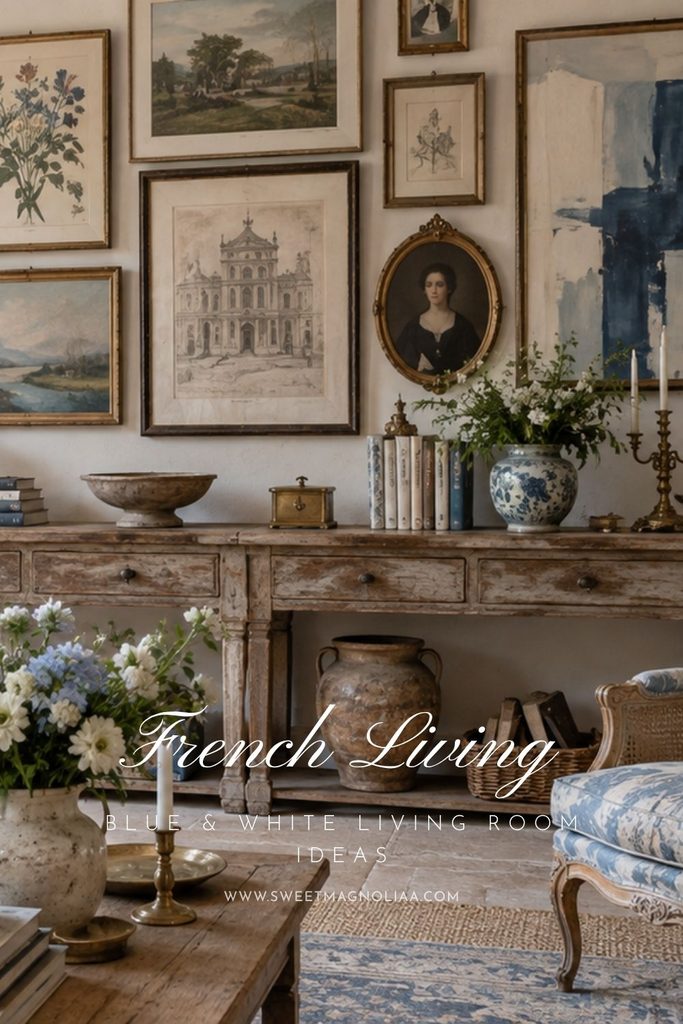 French country gallery wall with vintage portraits, botanical prints, landscapes, modern abstract art, antique gold frames, and rustic wooden console.