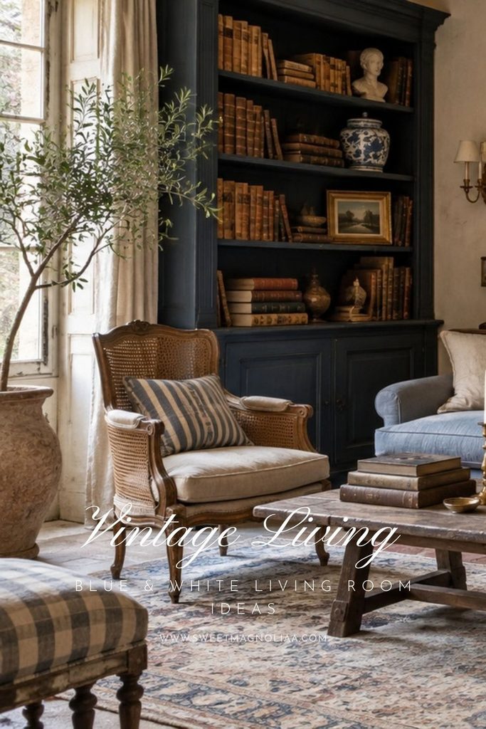 Blue and white French country living room with navy bookcase, honey-toned cane accent chair, striped cushion, pale blue sofa, and rustic wood coffee table.