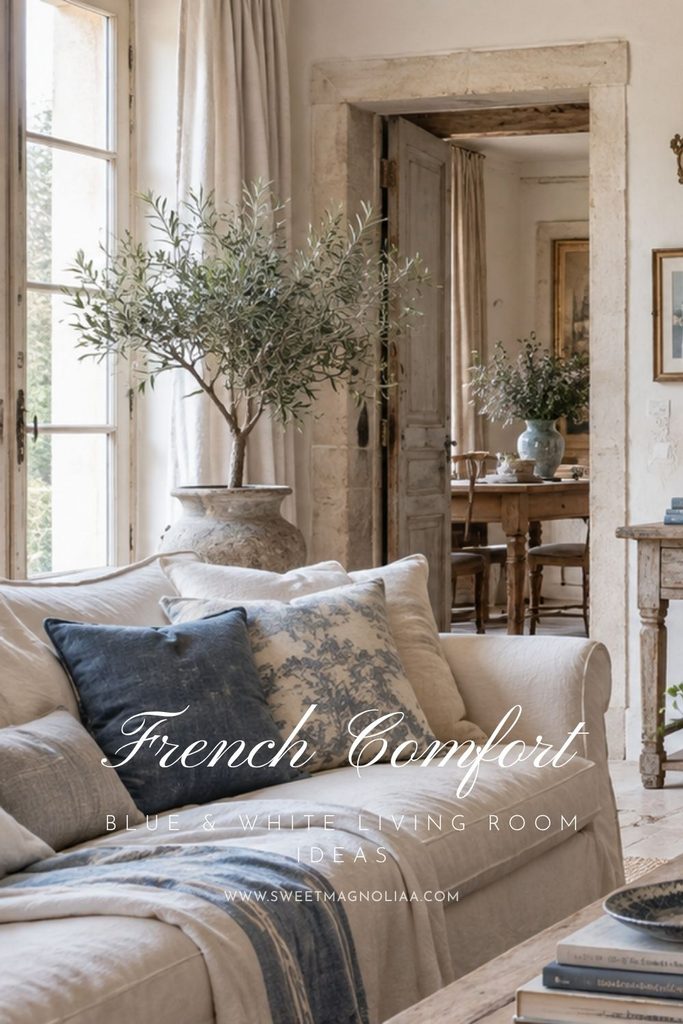 Blue and white French country living room with white linen sofa, blue toile and velvet cushions, faded blue throw, stone doorway, and rustic wood accents.