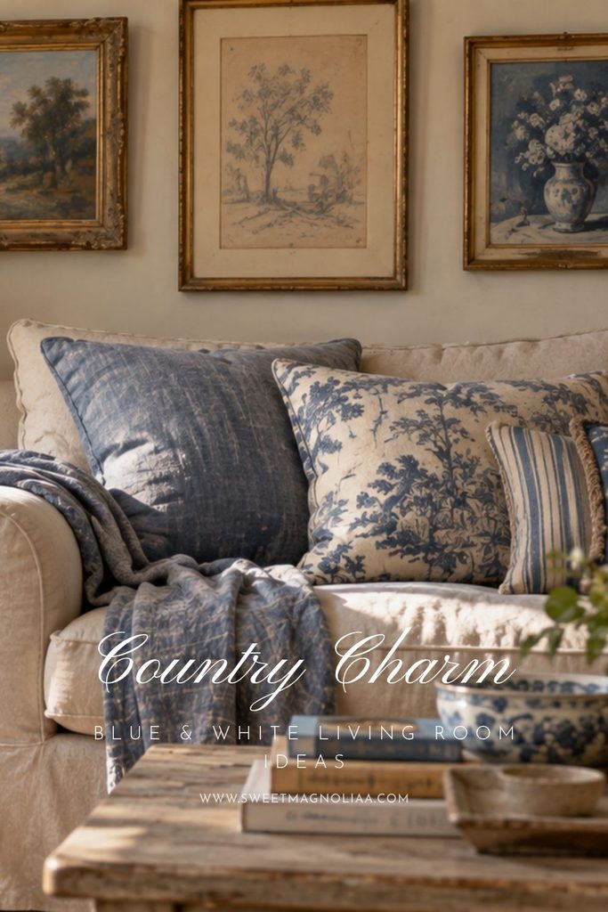 Cream French country sofa with blue toile pillows, velvet cushions, striped accents, vintage paintings, and rustic wooden coffee table.
