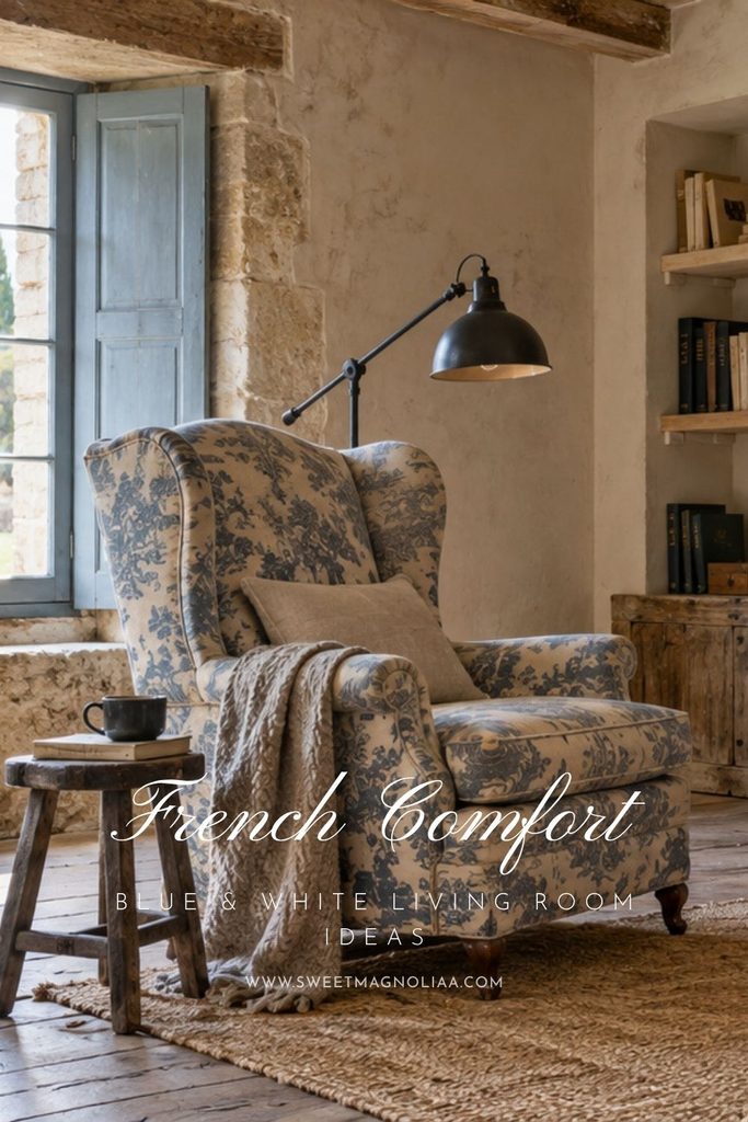 Blue and white French country living room decor featuring a blue toile wingback chair, faded blue shutters, rustic stone walls, and a cozy reading corner.