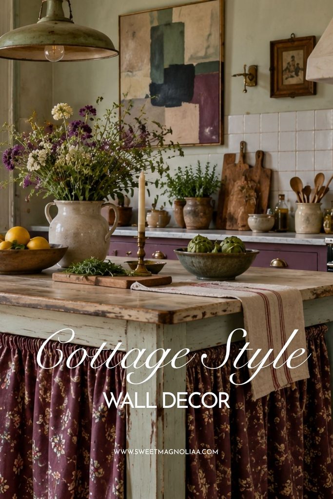 Cozy cottage kitchen with oversized abstract wall art, a small vintage framed picture, rustic pottery, fresh flowers, aged wood, and a farmhouse-style kitchen island.