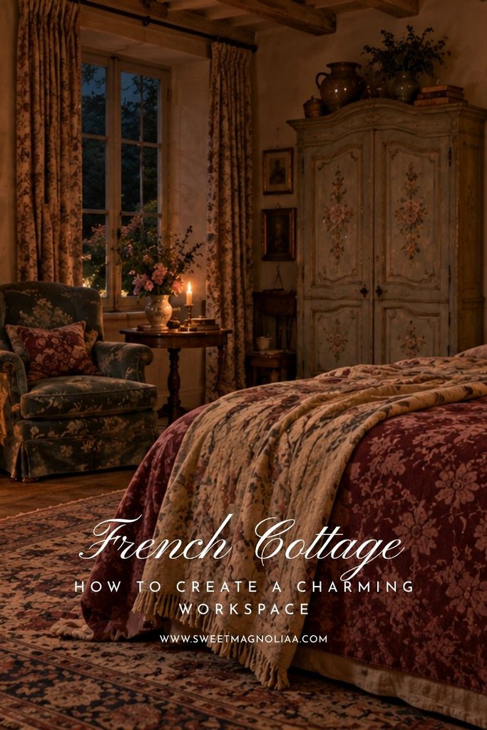  Layered French cottage bedroom with burgundy floral bedding, painted antique armoire, patterned armchair, vintage rug, and floral curtains.