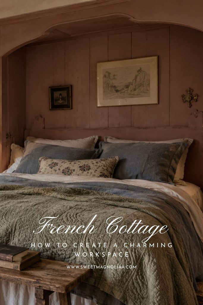 French cottage bedroom with dusty rose paneled walls, sage green quilt, faded blue pillows, vintage artwork, and rustic wood furniture.