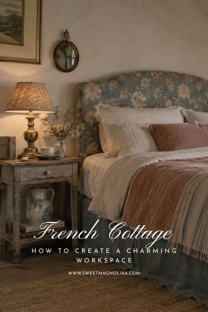 French cottage bedroom with a faded blue floral upholstered headboard, white linens, dusty rose accents, vintage bedside table, and brass lamp.