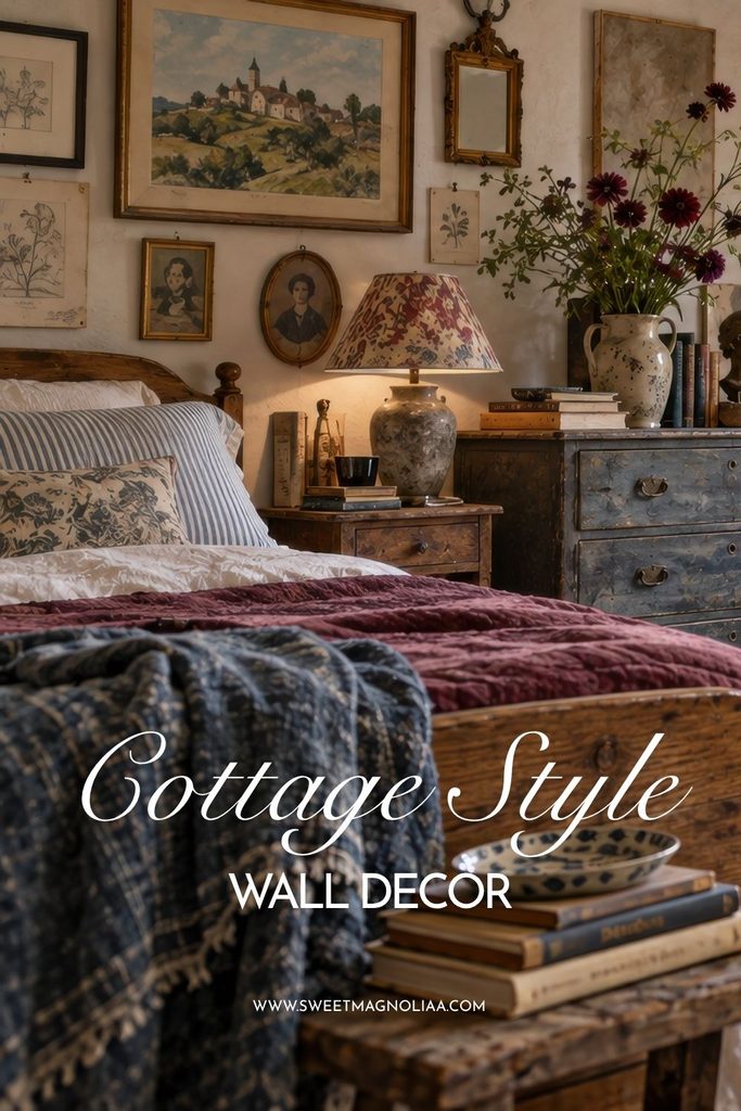 Collected cottage bedroom with a family heirloom-style gallery wall featuring vintage portraits, landscape art, botanical sketches and an antique mirror above layered traditional furniture and textiles.