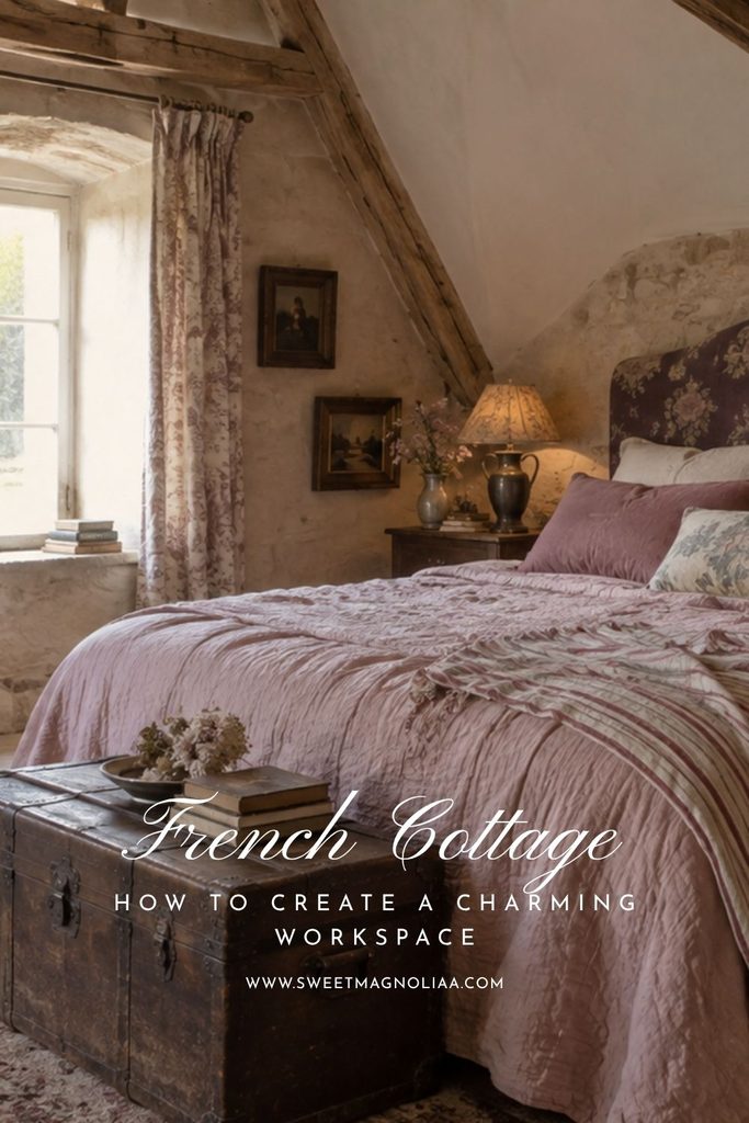 Romantic French cottage bedroom with soft pink bedding, exposed wood beams, textured plaster walls, floral curtains, and an antique trunk.
