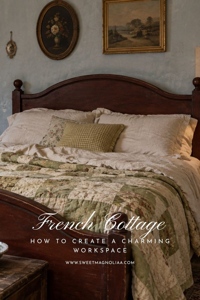 French cottage bedroom with a green floral patchwork quilt, dark wood bed, creamy linen pillows, and vintage paintings on soft blue walls.