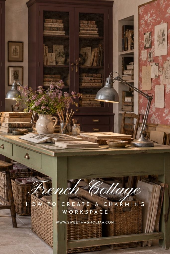 French cottage home office with a large sage green worktable, vintage books, wicker baskets, industrial desk lamps, flowers, and a burgundy storage cabinet.