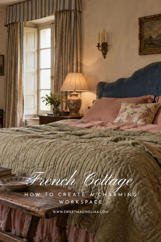 French cottage bedroom with dusty pink bedding, sage green quilt, deep blue upholstered headboard, striped curtains, and antique wood furniture.