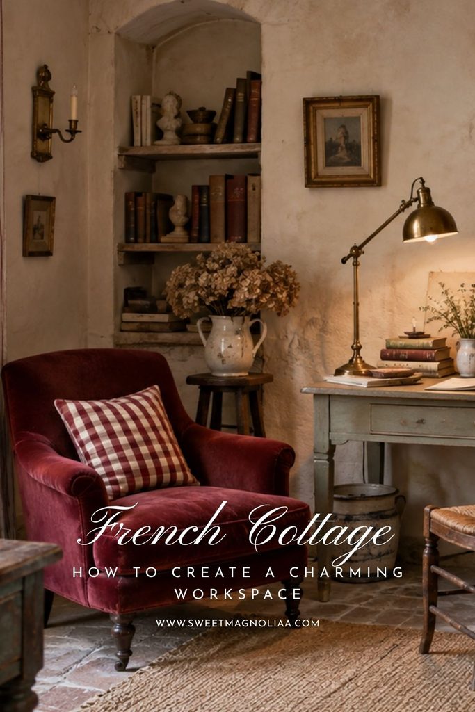 French cottage home office with a burgundy velvet armchair, vintage writing desk, brass lamp, antique books, dried flowers, and warm rustic decor.