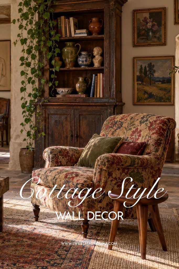 Cozy cottage interior with vintage oil paintings, a floral upholstered armchair, antique wooden cabinet, pottery, trailing greenery, books, and layered traditional decor.