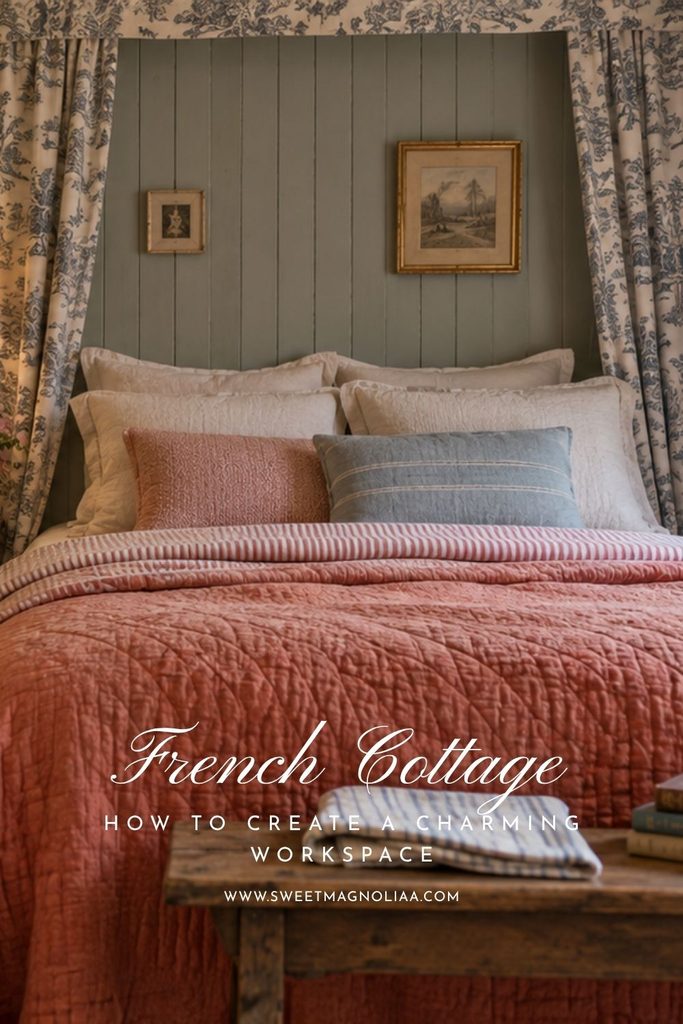 French cottage bedroom with coral pink quilted bedding, soft blue and blush pillows, toile curtains, muted green paneling, and vintage framed artwork.