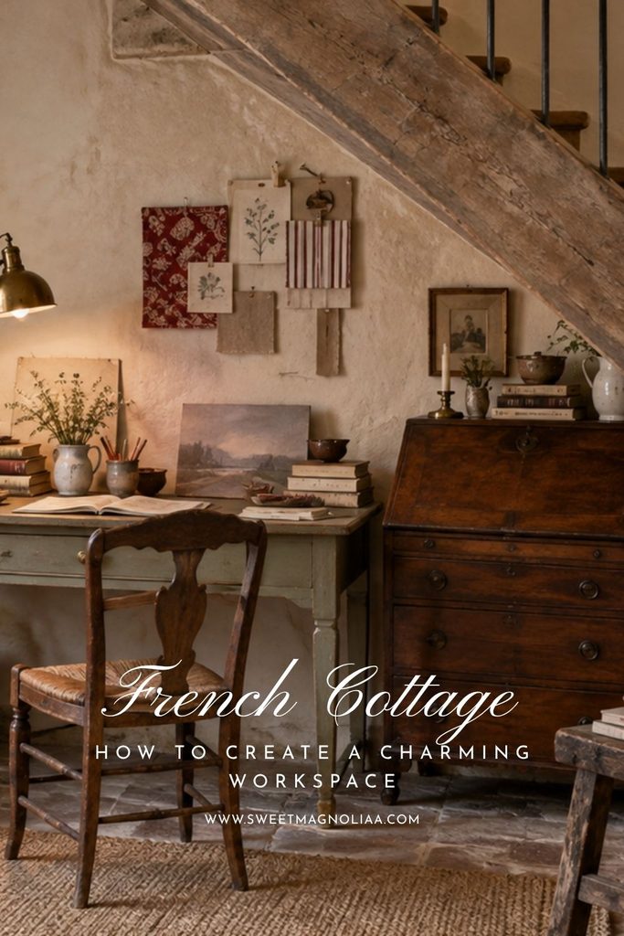 French cottage home office with an antique wooden desk, vintage chair, botanical artwork, books, warm lighting, and rustic collected decor.