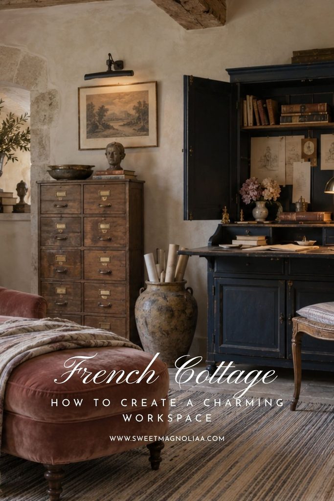 French cottage home office, French cottage office ideas, French country home office, cottage home office, vintage home office, antique desk, cozy home office ideas, French cottage decor, vintage office decor, charming workspace