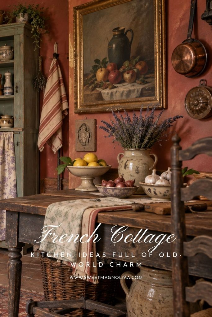 Old-world French cottage kitchen with terracotta walls, rustic wood table, vintage still-life painting, French pottery, lavender, lemons and hanging copper cookware.