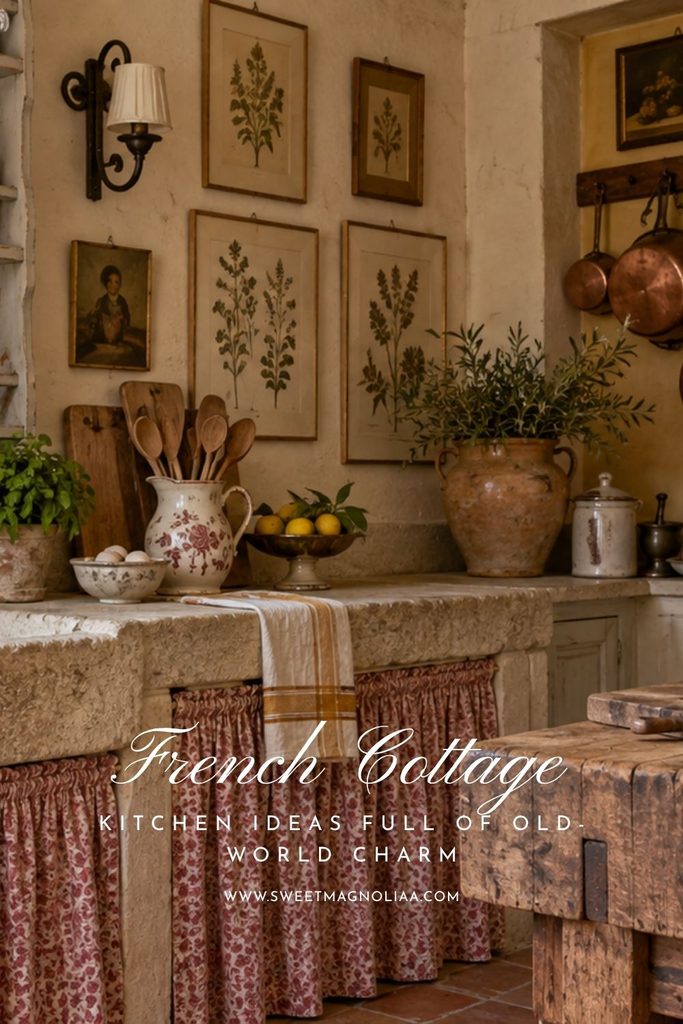 French cottage kitchen with vintage botanical wall art, antique portrait, stone sink, floral sink skirt, copper pans, pottery and rustic wood furniture.
